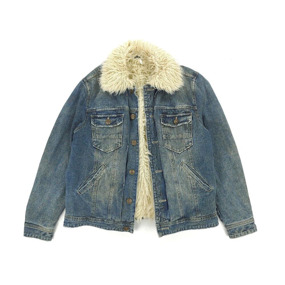 FREE PEOPLE Shaggy Fur Denim Trucker Jacket Festival Boho Indie Downtown Girl